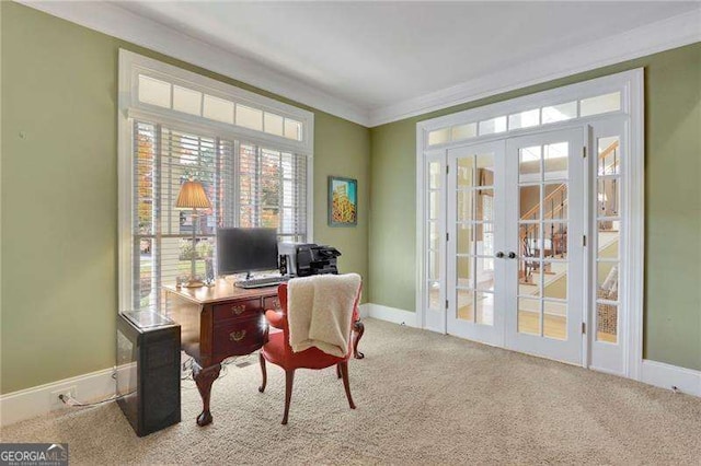 office area with ornamental molding, french doors, baseboards, and carpet floors