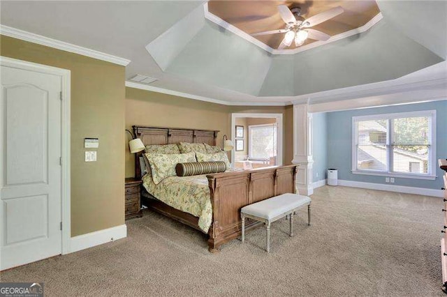 bedroom with light carpet, a ceiling fan, crown molding, and baseboards