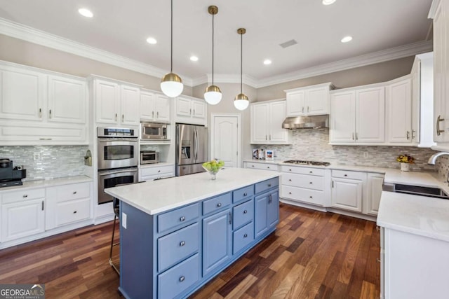 kitchen with blue cabinetry, under cabinet range hood, a sink, stainless steel appliances, and white cabinets