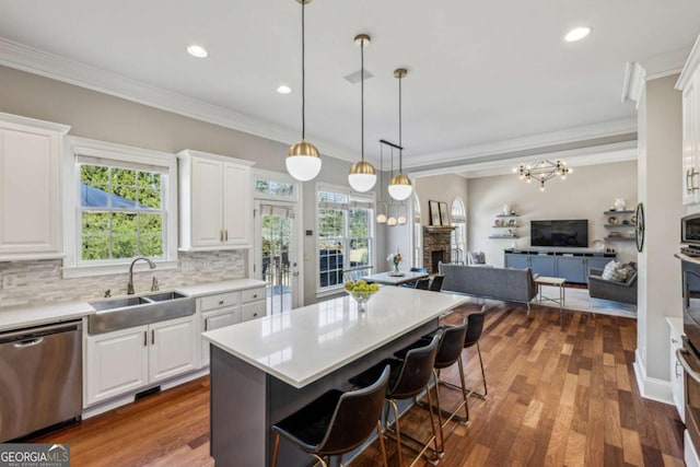 kitchen featuring a sink, open floor plan, appliances with stainless steel finishes, white cabinets, and a fireplace