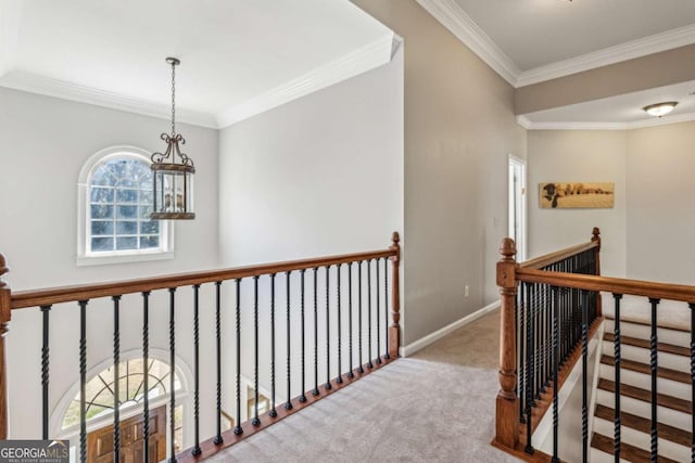 hall with an upstairs landing, carpet flooring, a healthy amount of sunlight, and crown molding