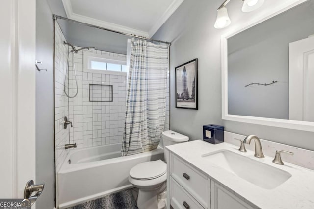 bathroom featuring shower / bath combination with curtain, toilet, vanity, and ornamental molding