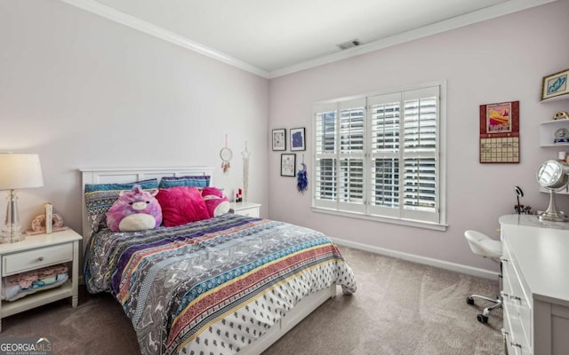 bedroom featuring visible vents, baseboards, ornamental molding, and carpet flooring