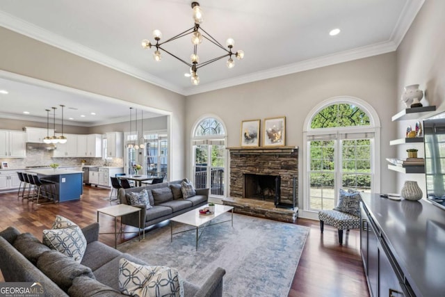 living area featuring a stone fireplace, dark wood-style floors, and ornamental molding