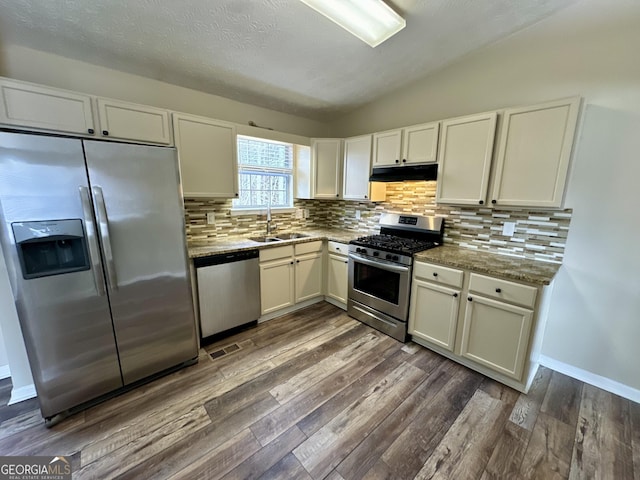 kitchen featuring a sink, under cabinet range hood, vaulted ceiling, appliances with stainless steel finishes, and dark wood-style flooring