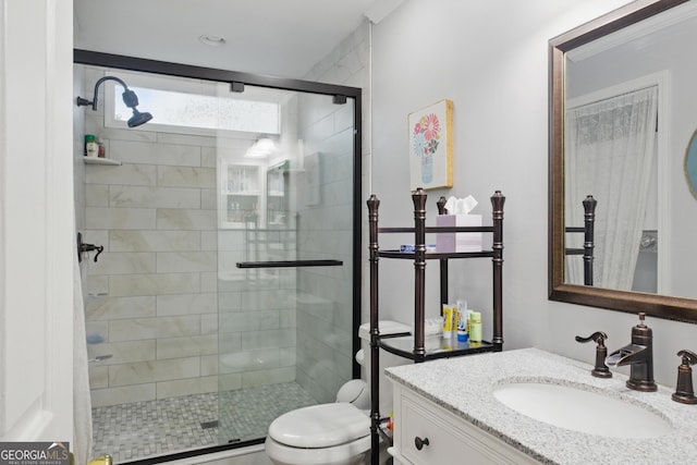 bathroom featuring vanity, a shower stall, and toilet