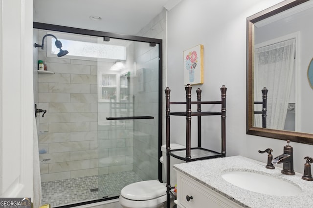 full bathroom with vanity, a shower stall, and toilet