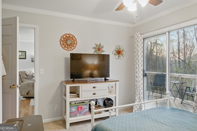 bedroom with baseboards, carpet floors, and ornamental molding