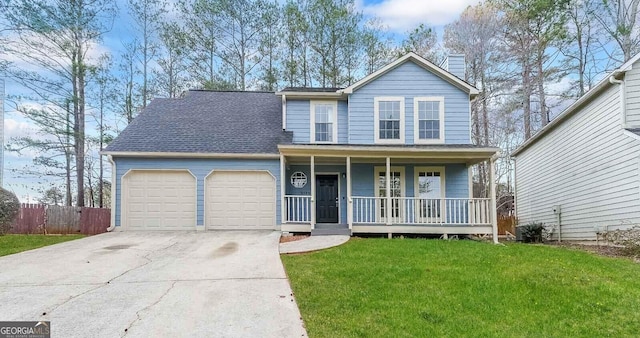 traditional-style house with a front yard, fence, covered porch, concrete driveway, and a garage