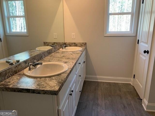 bathroom featuring plenty of natural light, wood finished floors, and a sink