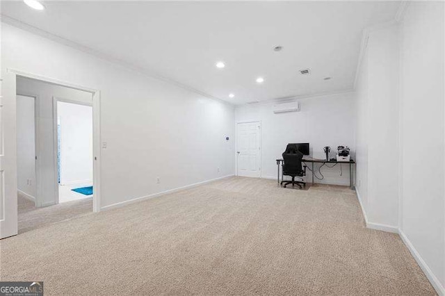 office space featuring recessed lighting, light colored carpet, a wall mounted air conditioner, and ornamental molding