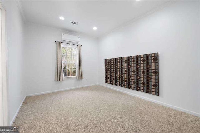 unfurnished room with visible vents, crown molding, baseboards, carpet flooring, and recessed lighting