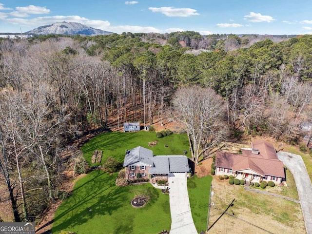 birds eye view of property featuring a forest view and a mountain view