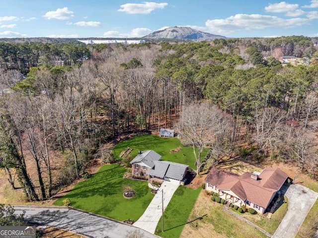 drone / aerial view with a forest view and a mountain view