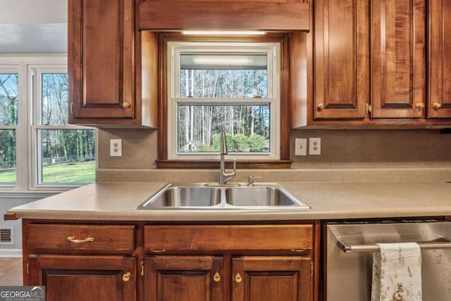 kitchen with a sink, visible vents, dishwasher, and a wealth of natural light