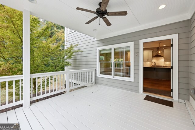 deck with ceiling fan and a sink