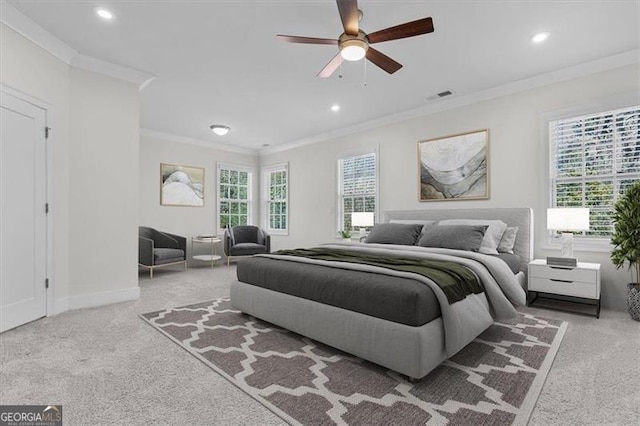 bedroom with visible vents, carpet floors, baseboards, recessed lighting, and crown molding