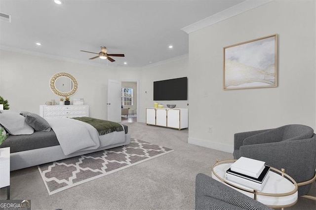 carpeted bedroom with visible vents, baseboards, recessed lighting, ceiling fan, and ornamental molding