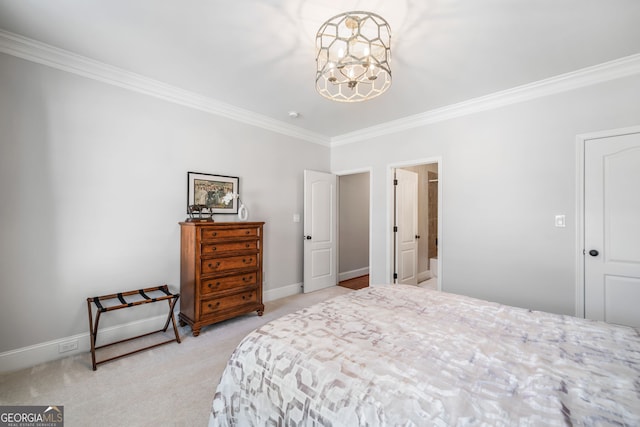 bedroom with a chandelier, crown molding, light colored carpet, and baseboards
