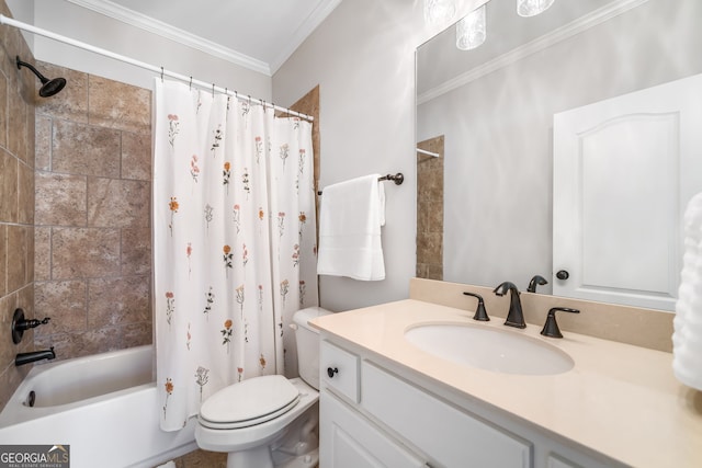 bathroom featuring shower / bath combo, vanity, ornamental molding, and toilet