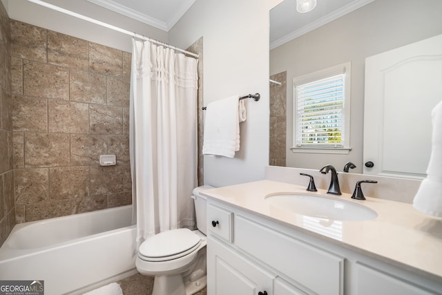bathroom with shower / tub combo with curtain, vanity, ornamental molding, and toilet