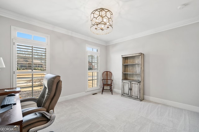 carpeted office space with a chandelier, baseboards, and ornamental molding