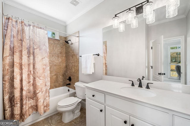 bathroom featuring shower / bath combo, visible vents, ornamental molding, toilet, and vanity