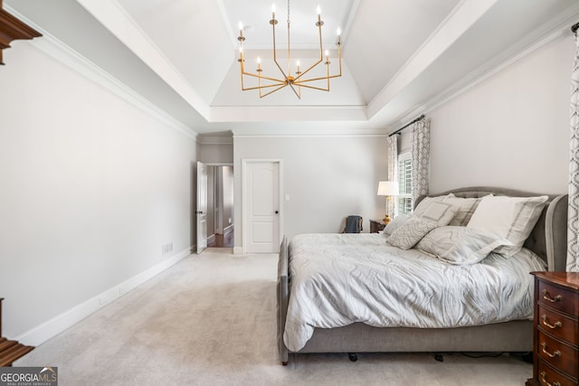 bedroom with high vaulted ceiling, an inviting chandelier, ornamental molding, light carpet, and baseboards