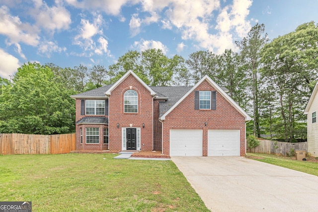 view of front of house featuring brick siding, driveway, fence, and a front yard