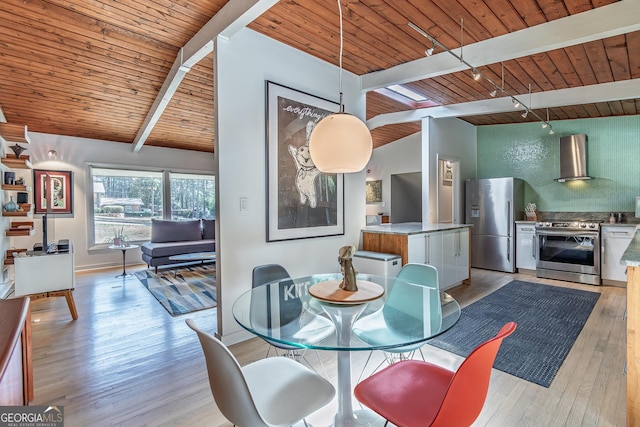 dining area with wood ceiling, light wood-style flooring, and rail lighting