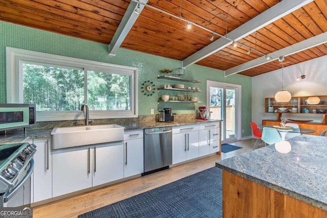 kitchen with stainless steel appliances, rail lighting, wood ceiling, a sink, and white cabinets