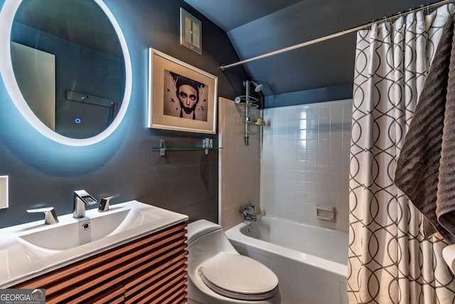 full bathroom with vaulted ceiling, shower / bathtub combination with curtain, toilet, and vanity