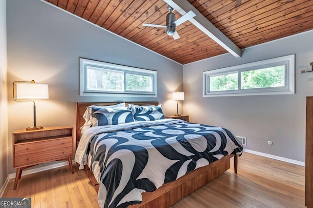 bedroom featuring wooden ceiling, wood finished floors, baseboards, and ceiling fan