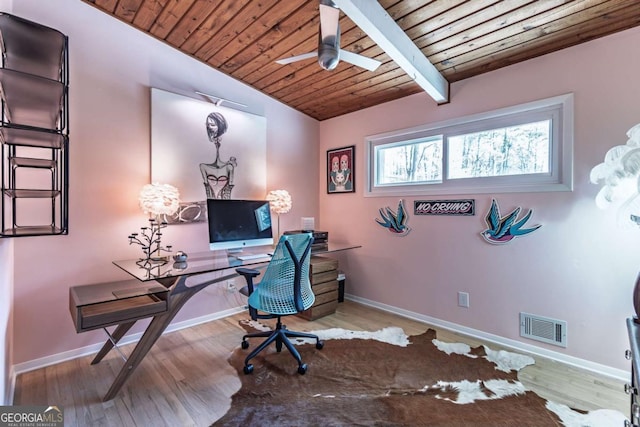 office space featuring wooden ceiling, a ceiling fan, baseboards, and wood finished floors