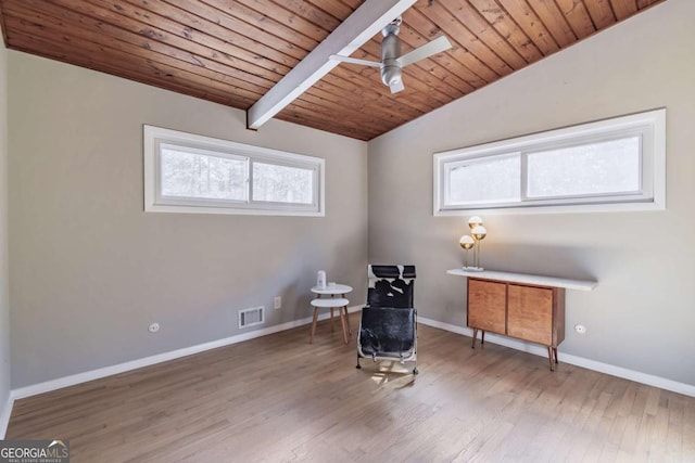 sitting room with wooden ceiling, plenty of natural light, a ceiling fan, wood finished floors, and baseboards