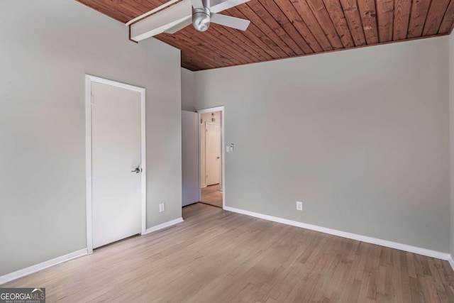 unfurnished bedroom featuring wooden ceiling, baseboards, wood finished floors, and ceiling fan