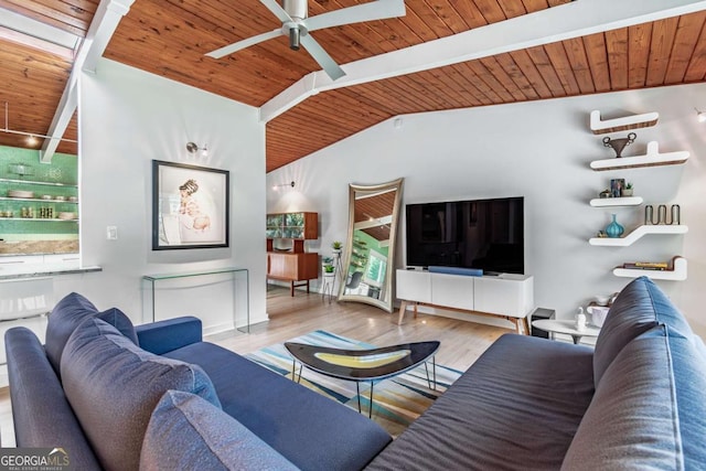 living area featuring wood ceiling, ceiling fan, and wood finished floors