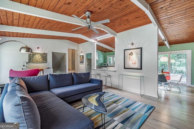 living room featuring wood ceiling, a ceiling fan, wood finished floors, and baseboards