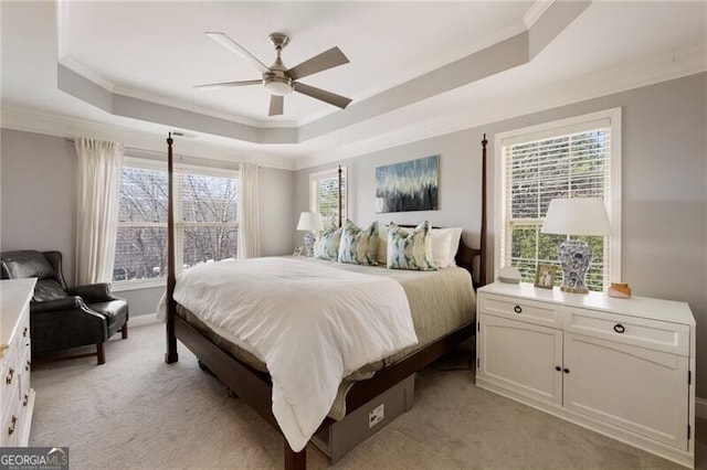 bedroom featuring multiple windows, crown molding, light colored carpet, and a raised ceiling