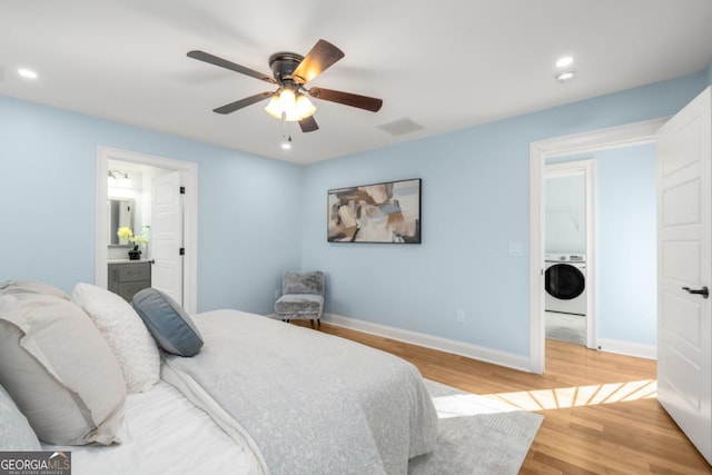 bedroom featuring washer / clothes dryer, recessed lighting, light wood finished floors, baseboards, and ceiling fan