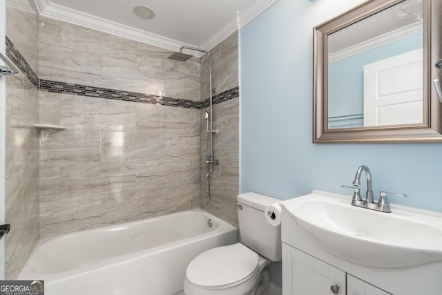 full bath with vanity, toilet, crown molding, and bathtub / shower combination