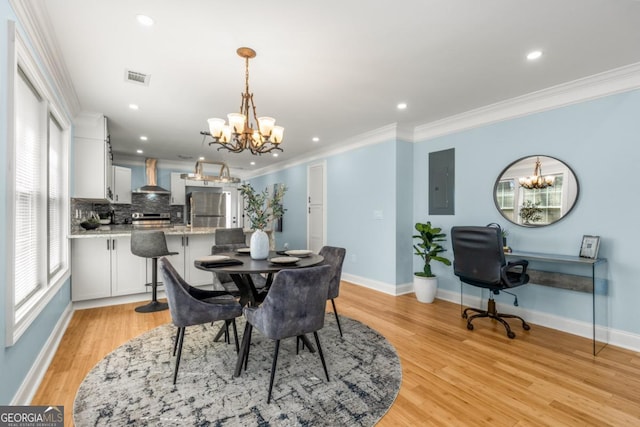 dining room with visible vents, electric panel, ornamental molding, a notable chandelier, and light wood-type flooring