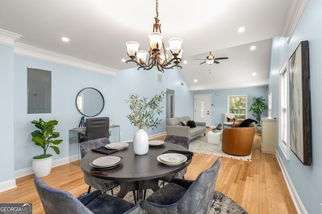 dining space featuring light wood-style flooring, electric panel, baseboards, and ornamental molding