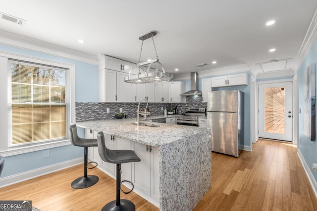 kitchen featuring visible vents, a peninsula, a sink, appliances with stainless steel finishes, and wall chimney range hood