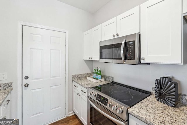 kitchen with white cabinets, light stone counters, dark wood-style floors, and stainless steel appliances