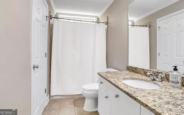 full bath with tile patterned flooring, curtained shower, toilet, ornamental molding, and vanity