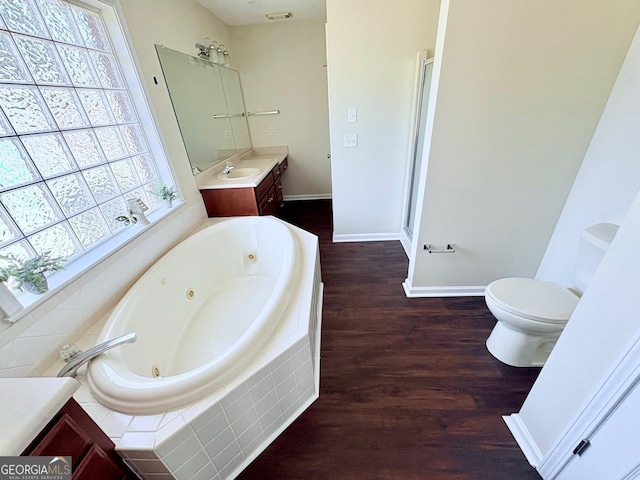 full bathroom with a wealth of natural light, baseboards, wood finished floors, and vanity