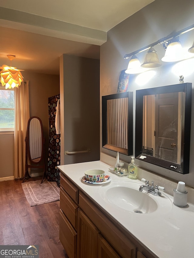 bathroom with wood finished floors and vanity