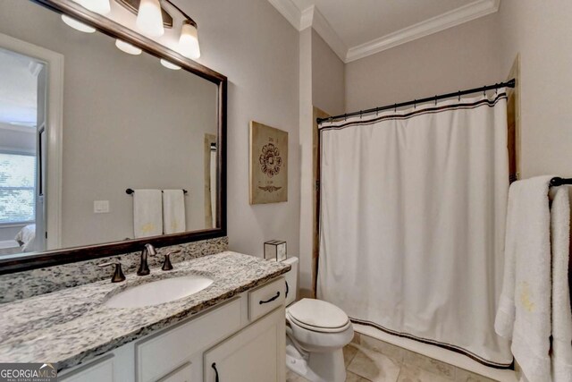 bathroom with vanity, a shower with curtain, crown molding, toilet, and tile patterned floors