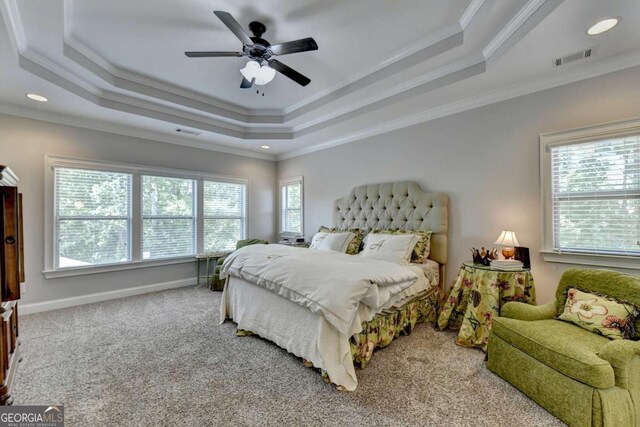 bedroom featuring baseboards, crown molding, and a tray ceiling